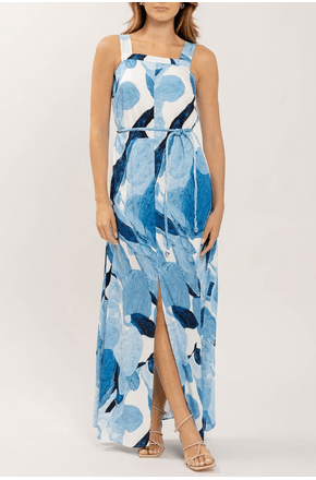 Vestido Longo Estampado com Cinto e Fenda Lez a Lez